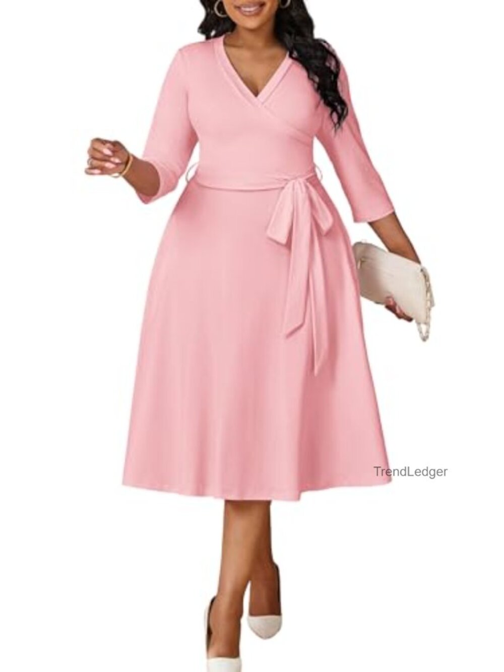 Plus Size A-Line Wrap Midi Dress 3/4 Sleeve V-Neck Belted Casual